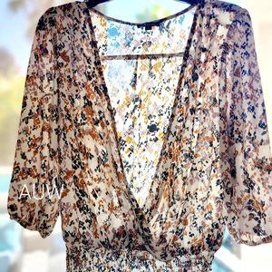 Tan & white floral pattern cross over top